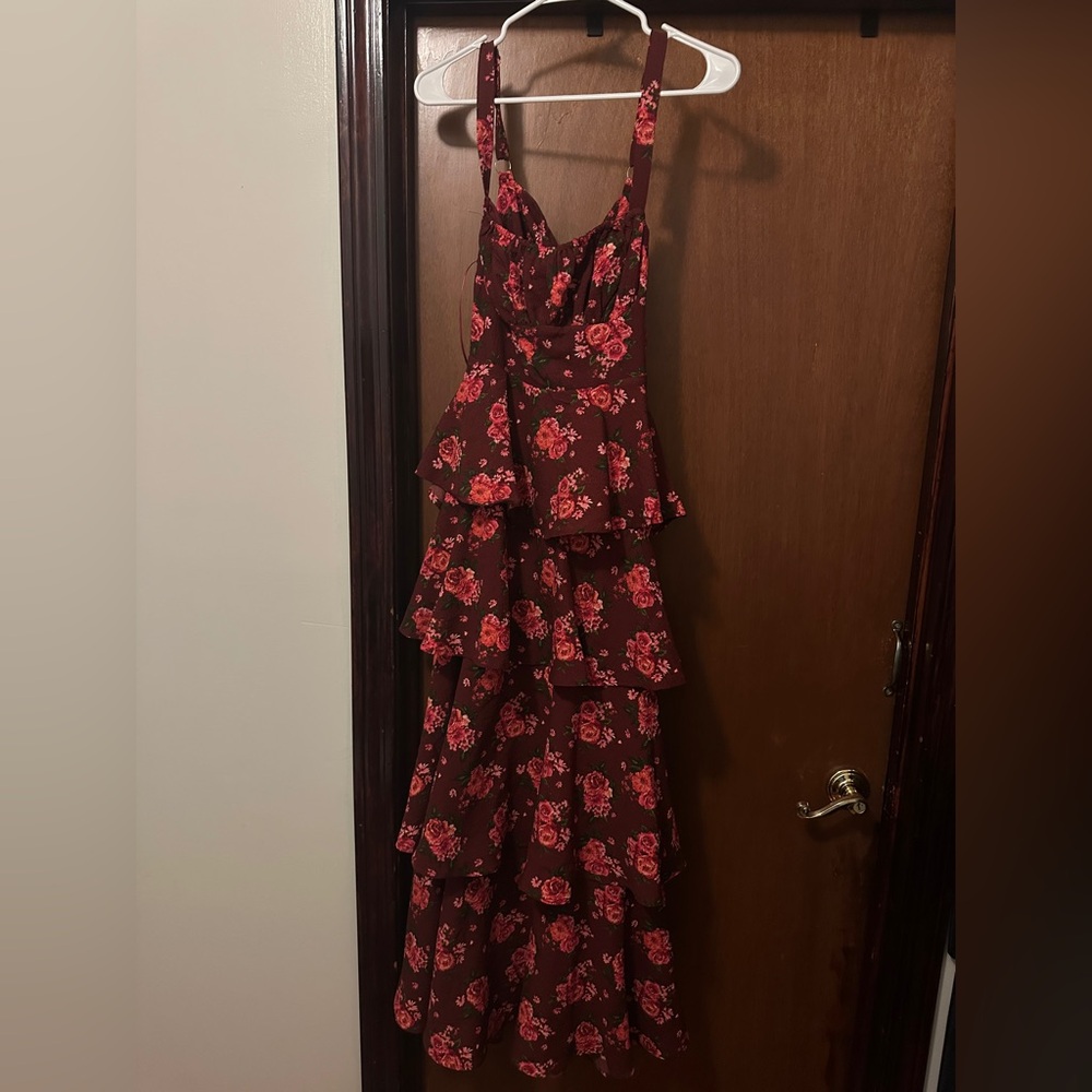 Altar'd State Burgundy Floral Tiered Maxi Dress